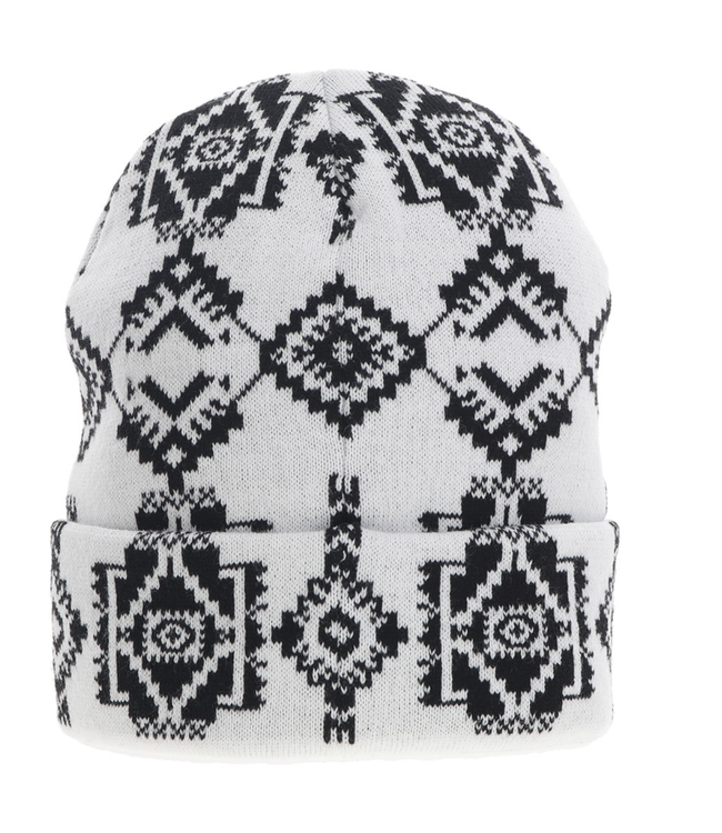 BEANIE WHITE WITH BLACK AZTEC PATTERN