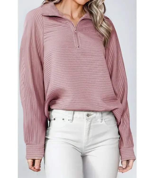 RIBBED ZIP FRONT SWEATSHIRT