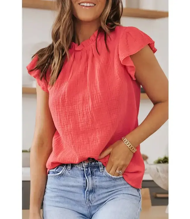 FLUTTER SLEEVE FRILLED NECK BLOUSE