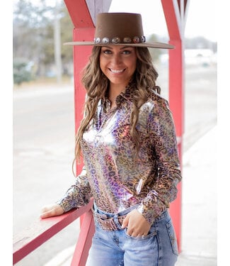 Cowgirl Tuff PULLOVER BUTTON UP- TAN FOIL LEOPARD