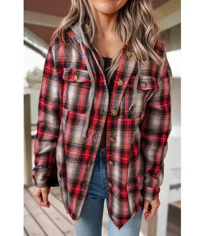 PLAID BUTTONED HOODED SHACKET