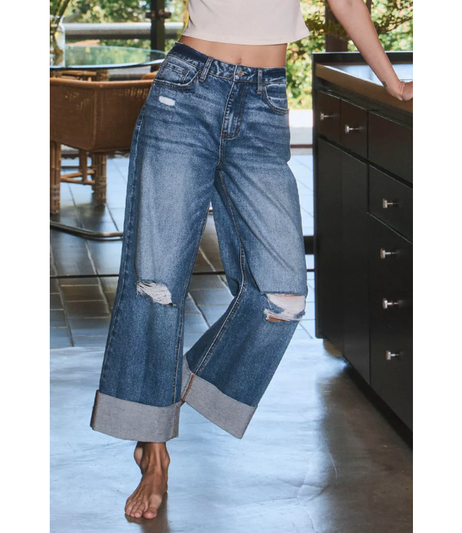 SUPER HIGH RISE CUFF BAGGY WIDE JEANS