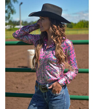 Cowgirl Tuff PULLOVER BUTTON UP- HOT PINK LEOPARD FOIL