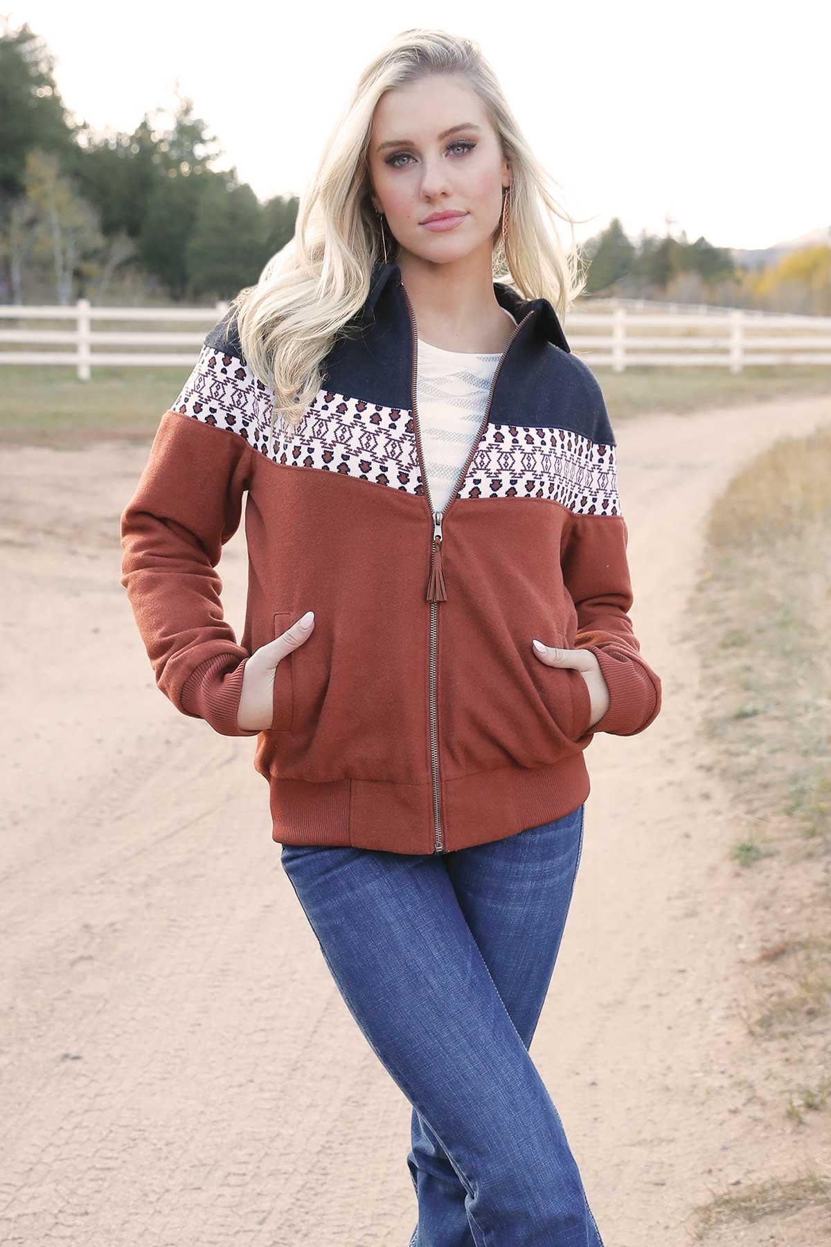 CWJ7480001 CRUEL DENIM COLOR BLOCKED BOMBER BROWN NAVY