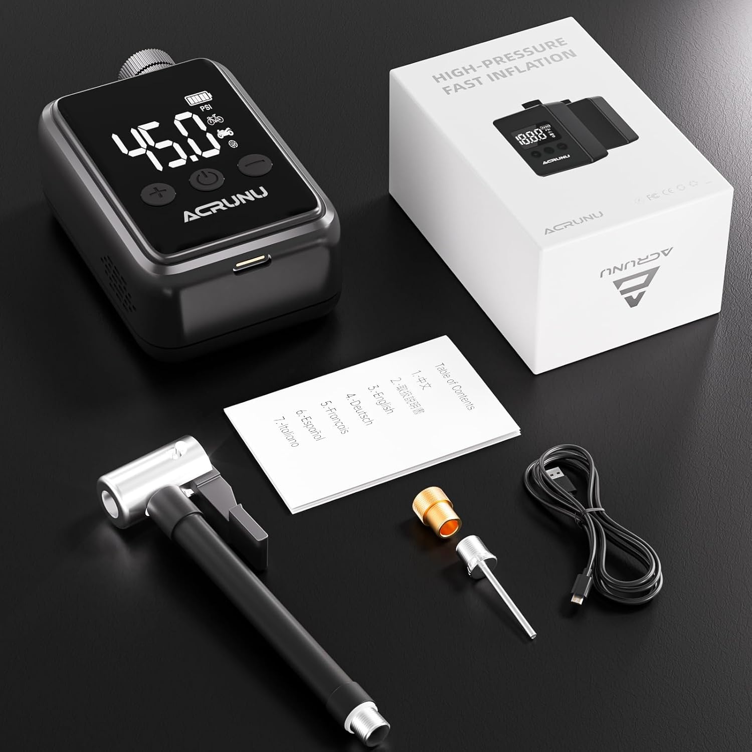 Acrunu ACRUNU Mini-pompe électrique avec manomètre (presta-schrader) Noir