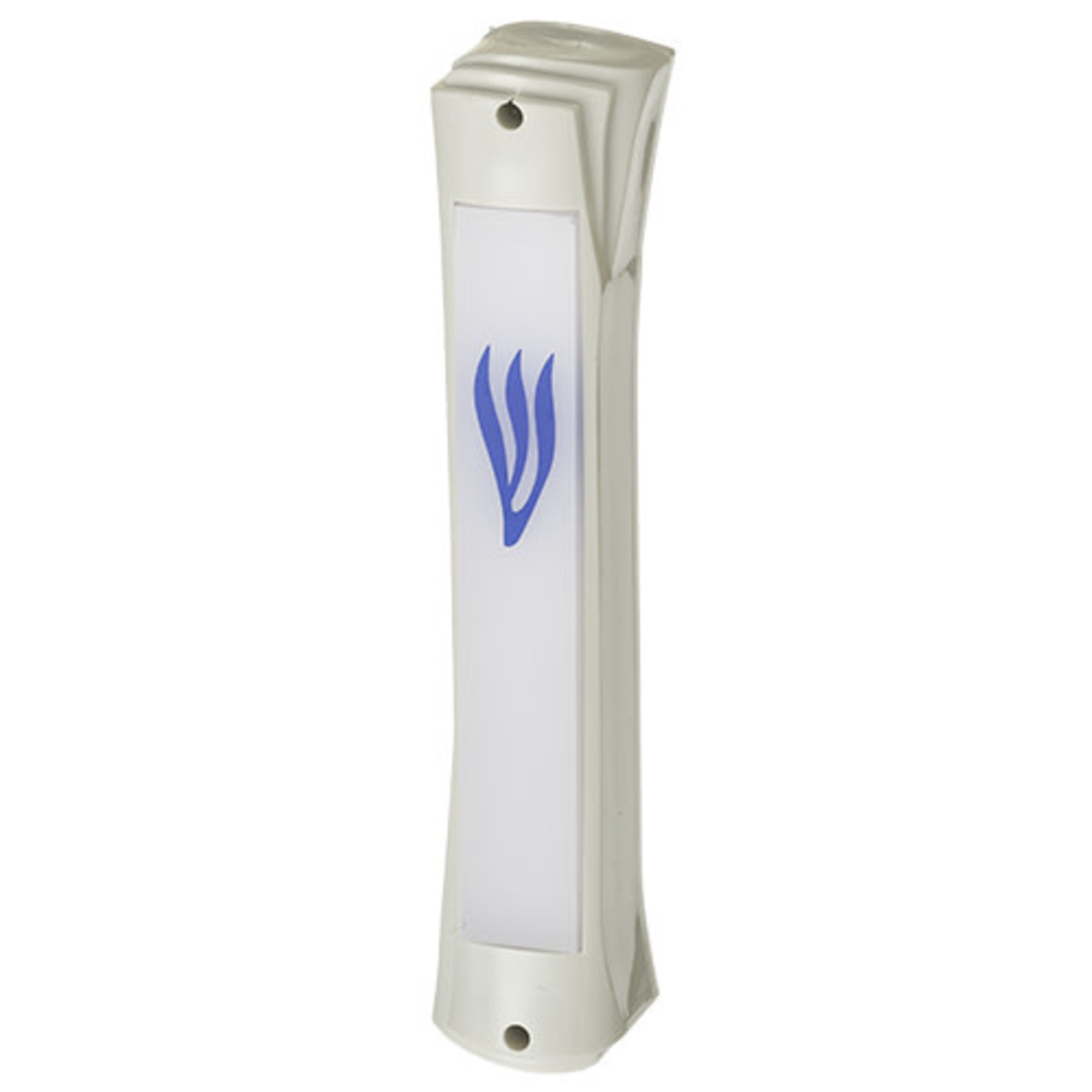 White Plastic Mezuzah with blue shin, 12cm