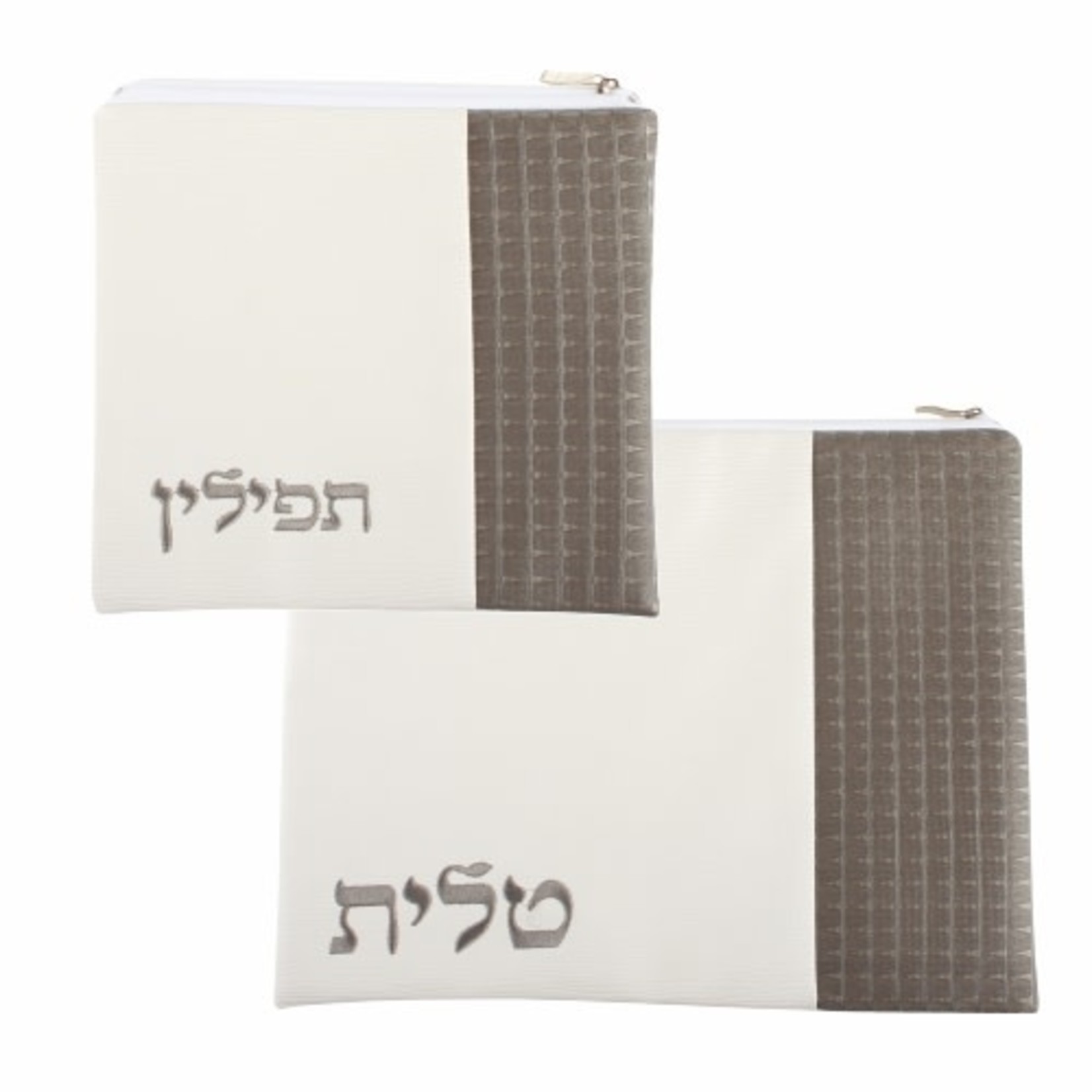 Leatherette Tallit and Tefillin Bag Set, White and Grey