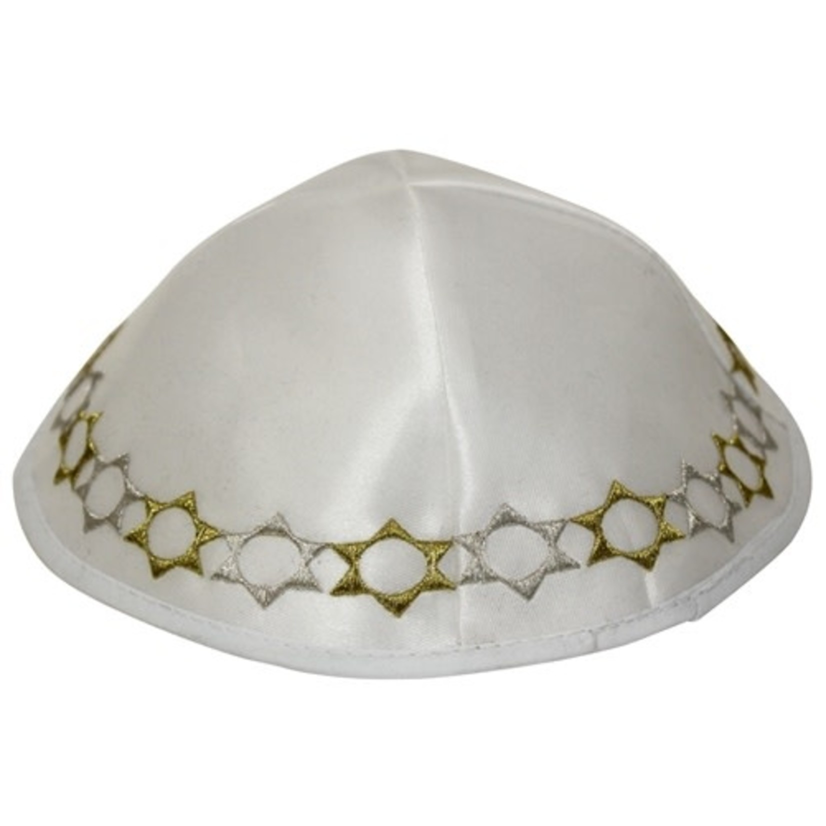 White Satin Kippah, Magen David Embroidery Around Base