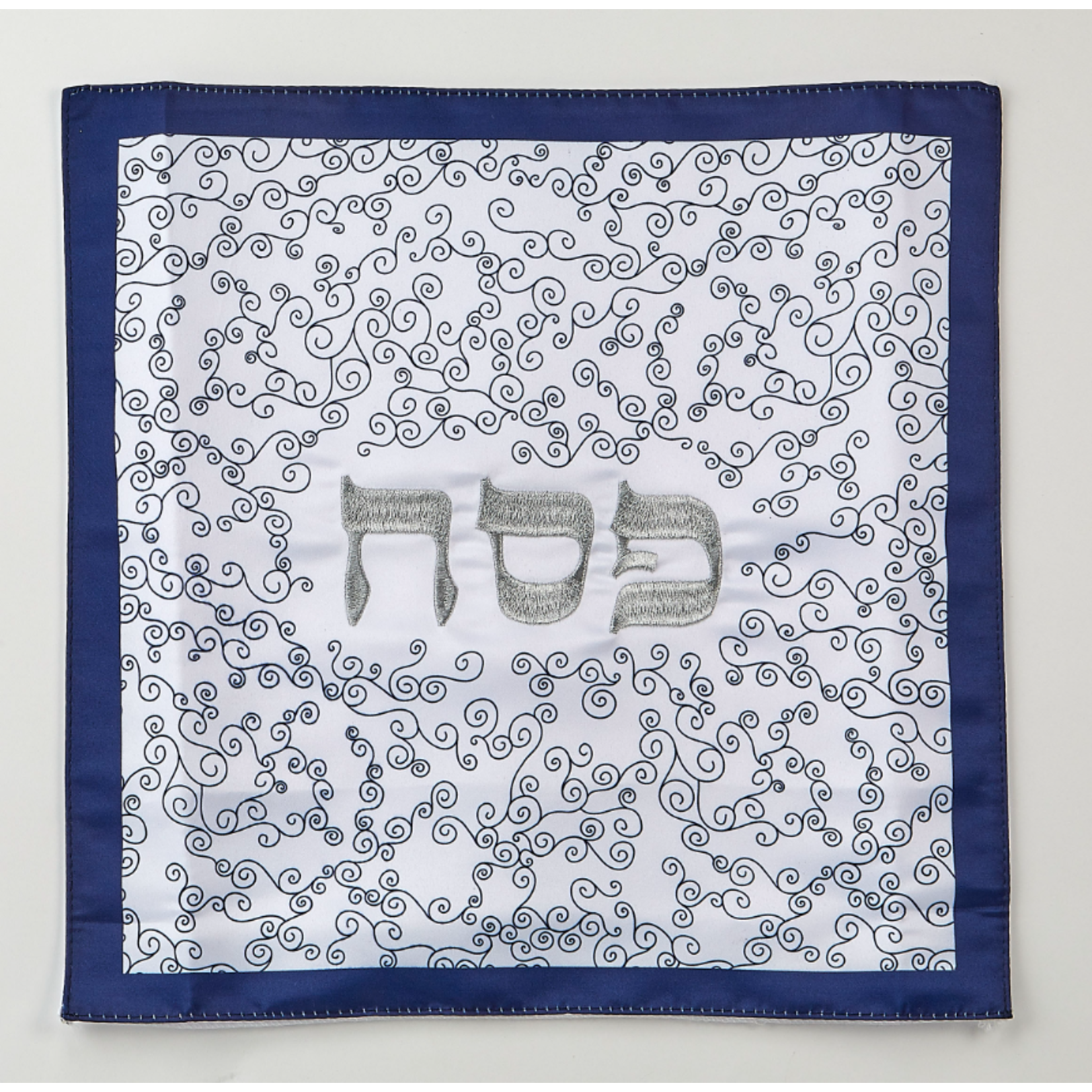 Matzah Cover, White Curlicues & Silver, Embroidered Satin