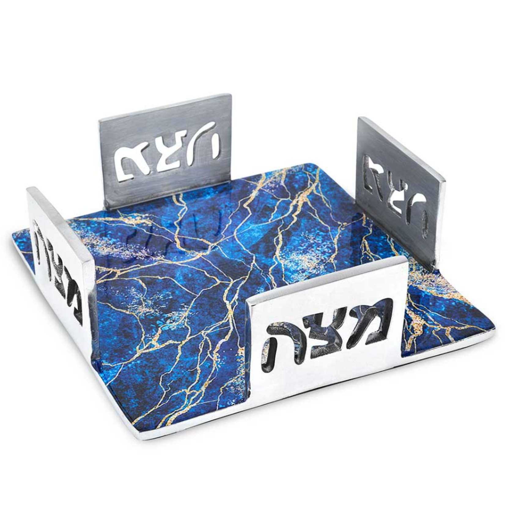 Aluminum Matzah Open Box with Blue Marble Design