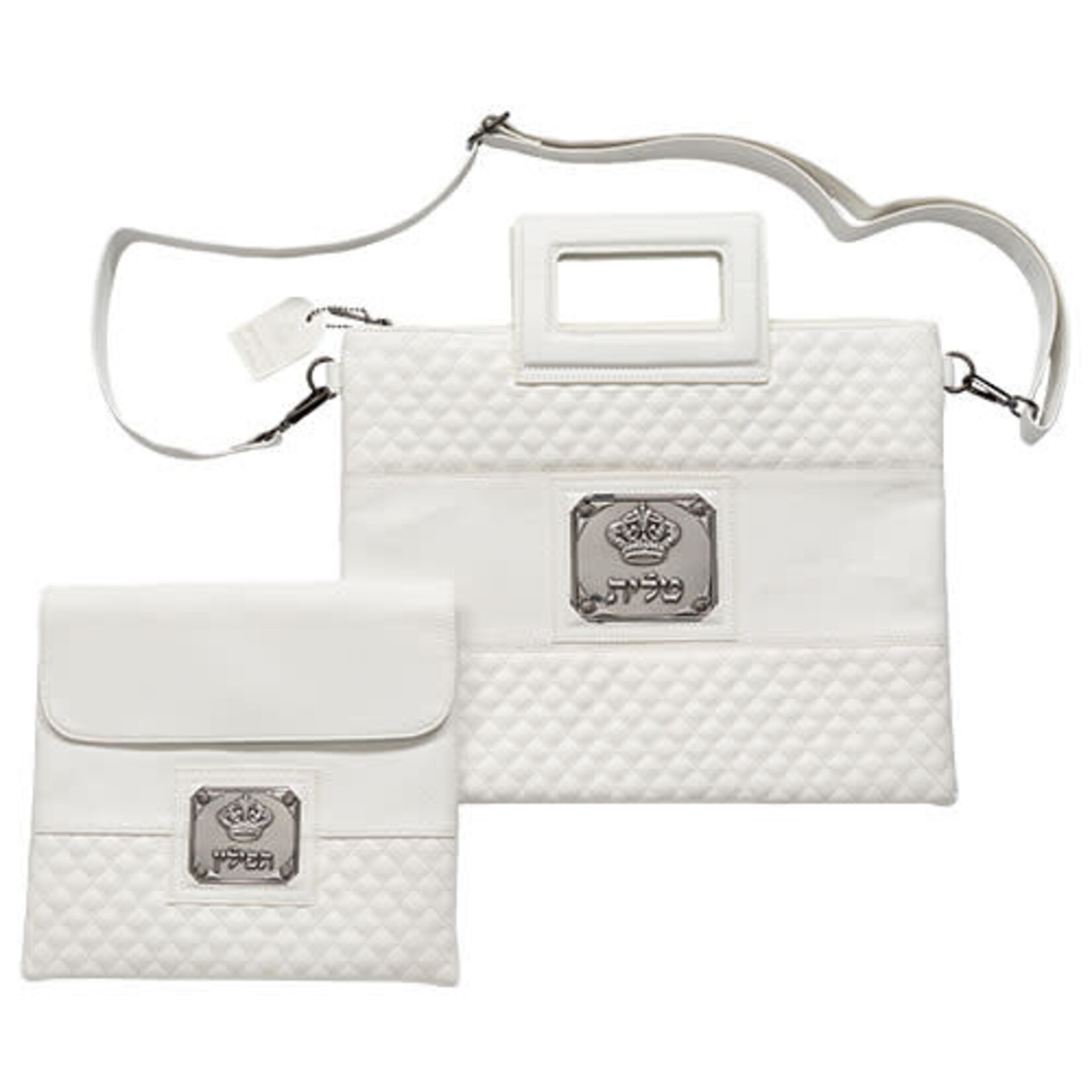 White Leatherette Tallit & Tefillin Bag Set with Handles/Straps