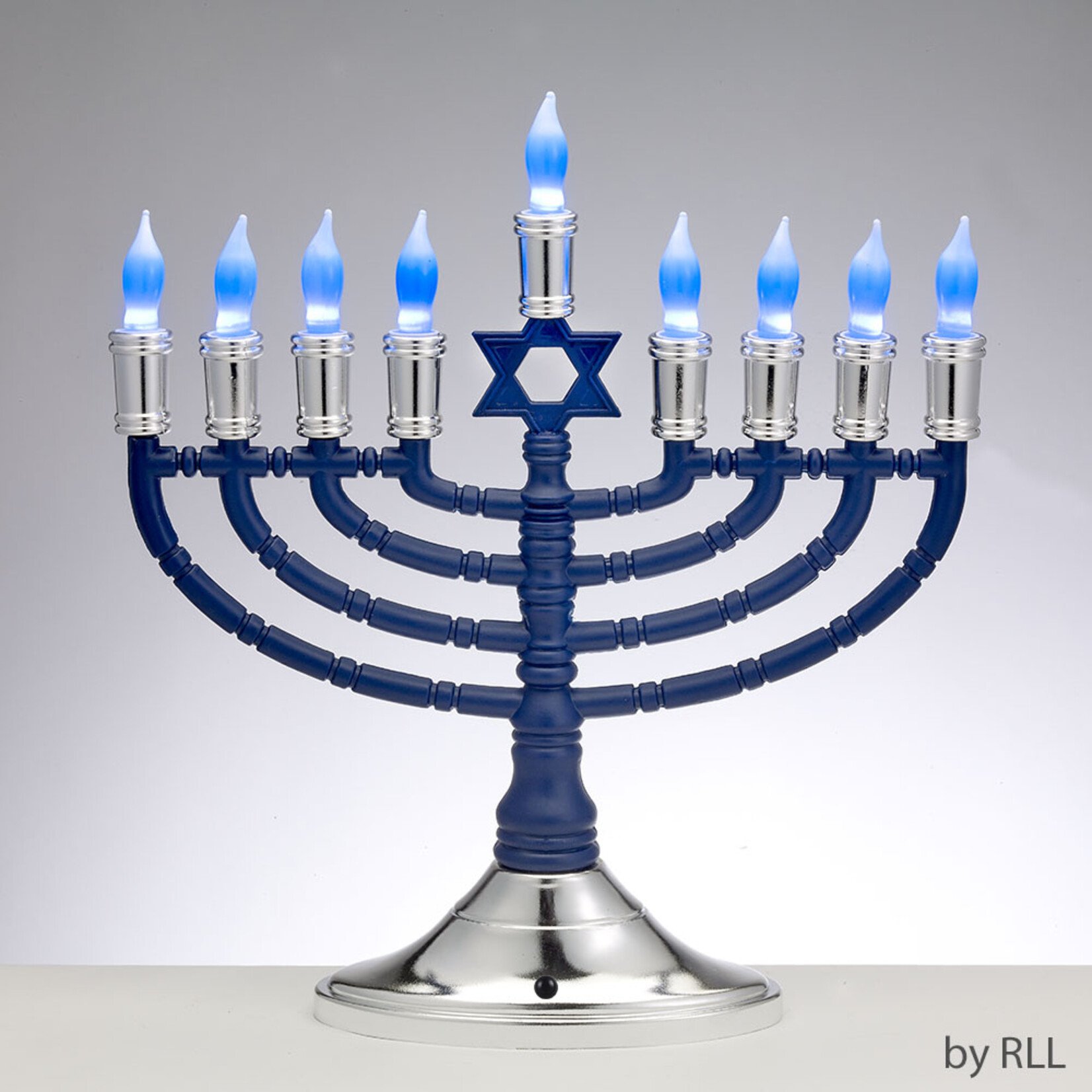 Large LED Premium Electric Menorah, Dark Blue with Silver