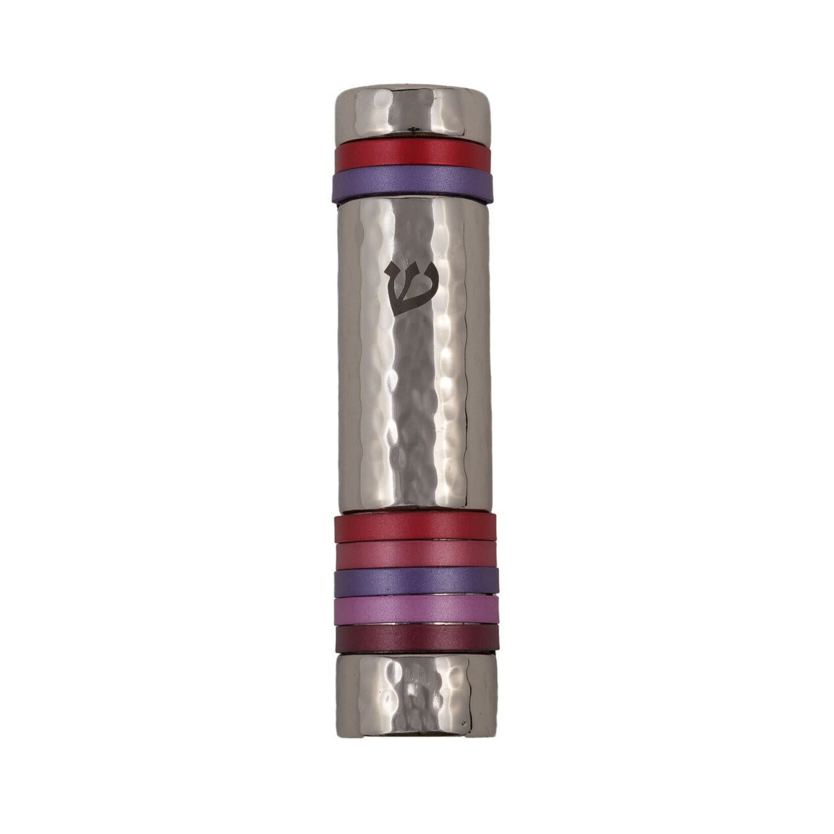Hammered Aluminum Mezuzah Case, 10cm- Red and Purple Rings
