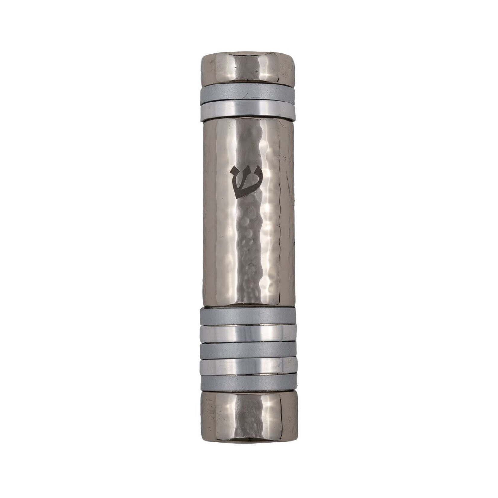 Hammered Aluminum Mezuzah Case, 10cm- Silver and Grey Rings