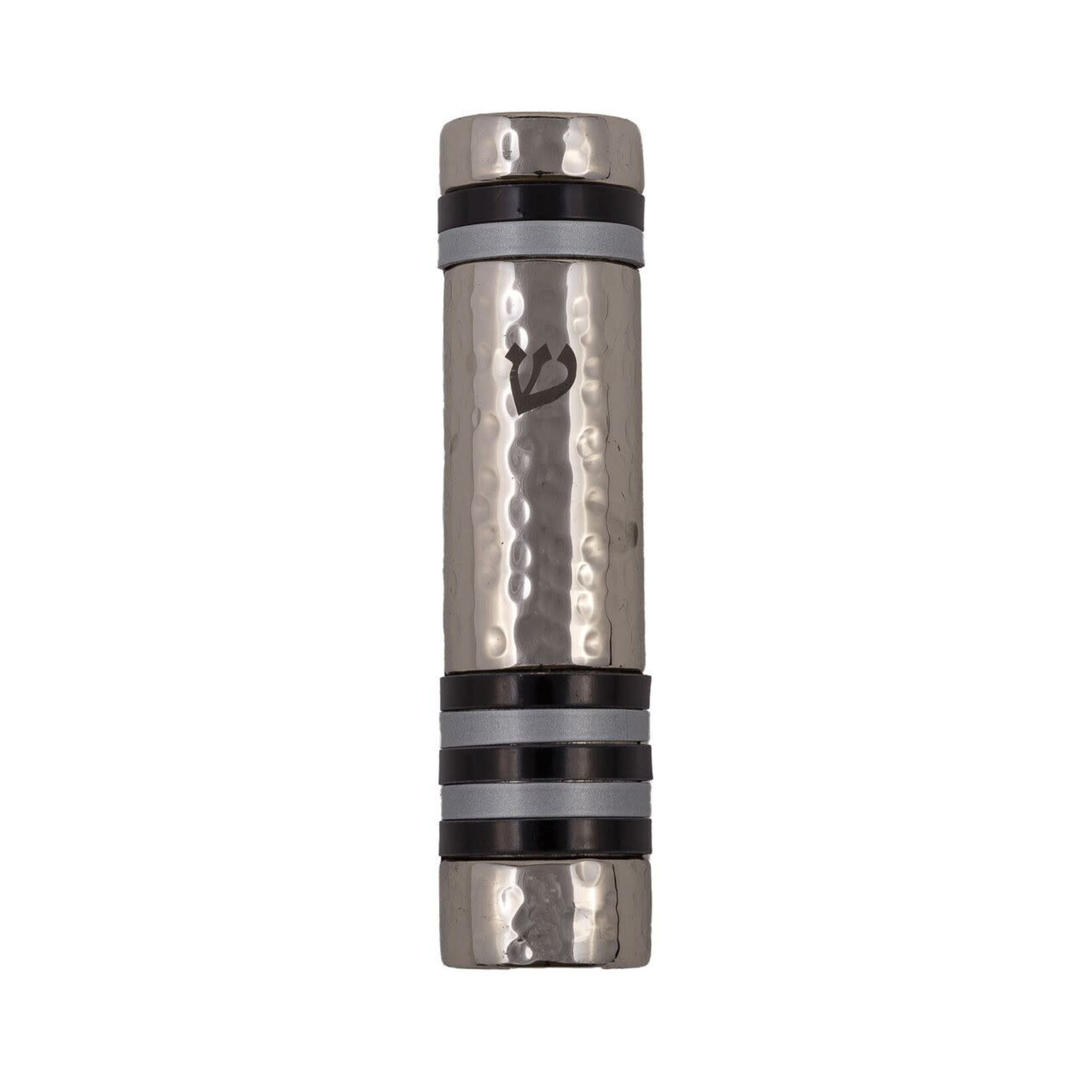 Hammered Aluminum Mezuzah Case, 10cm- Black and Silver Rings