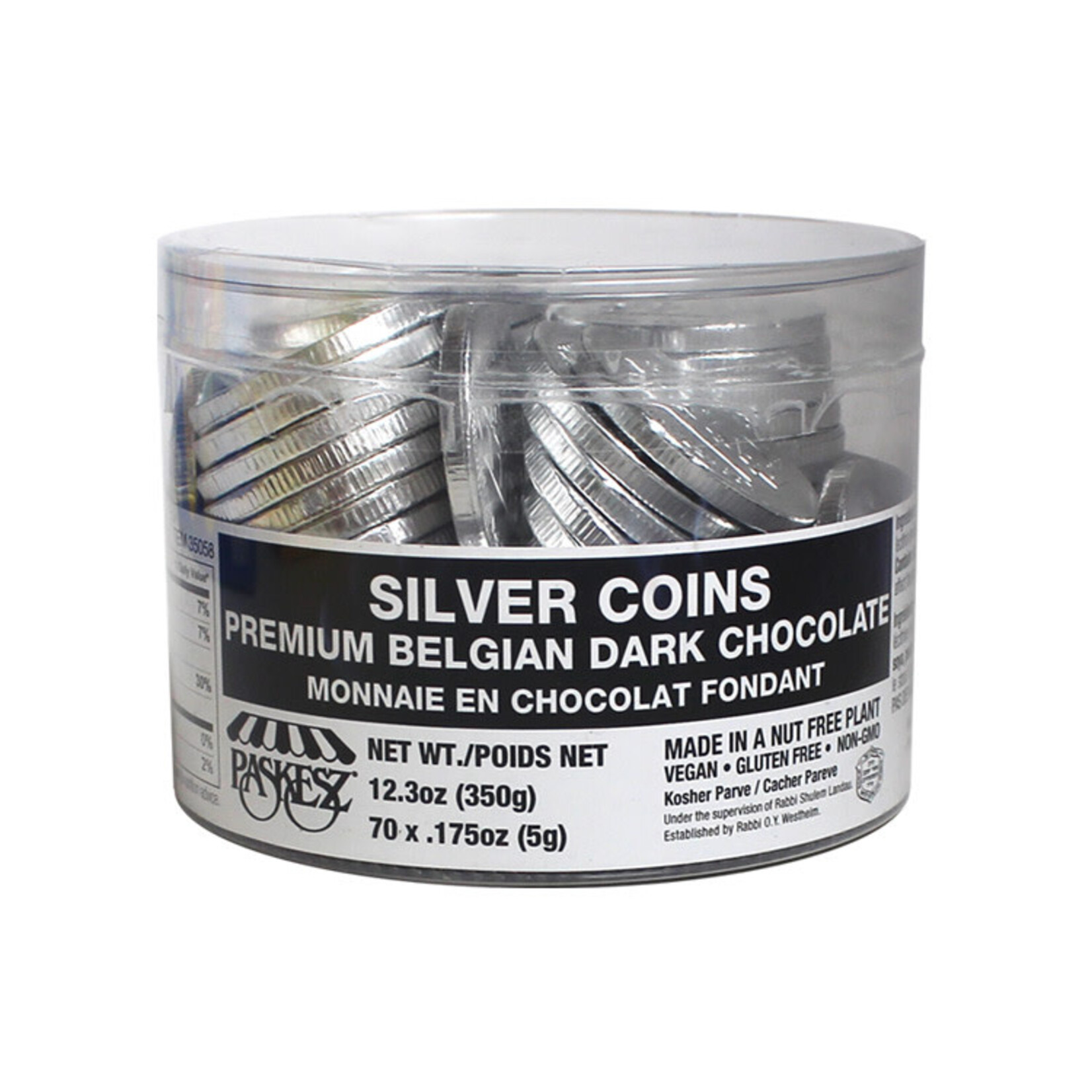 Silver Chocolate Chanukah Gelt, Bittersweet Pareve, Tub of 70 Coins