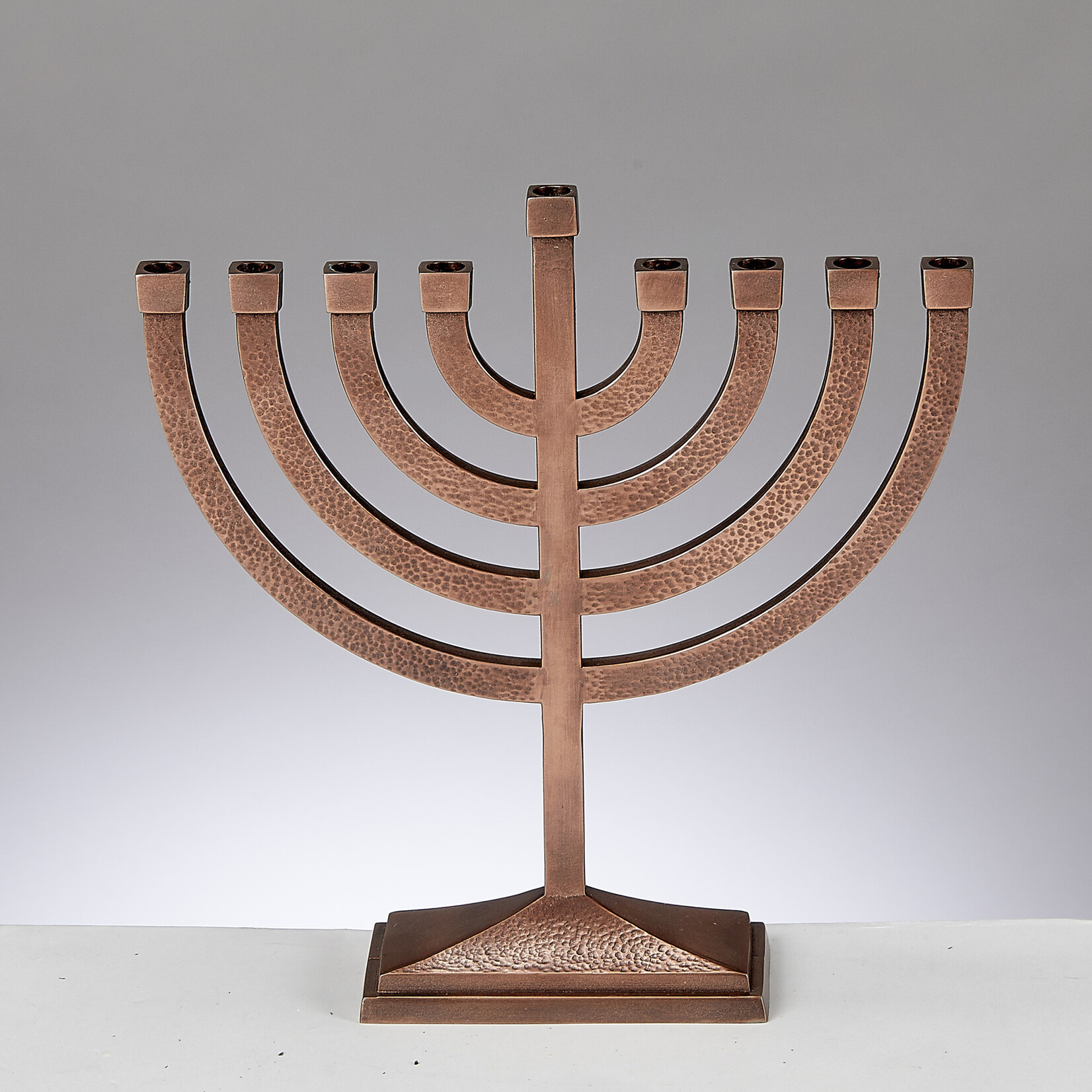 Traditional Menorah, Hammered Aluminum with Copper Finish, 8½x8½ inches