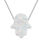White Opal Hamsa Necklace with Sterling Silver Chain