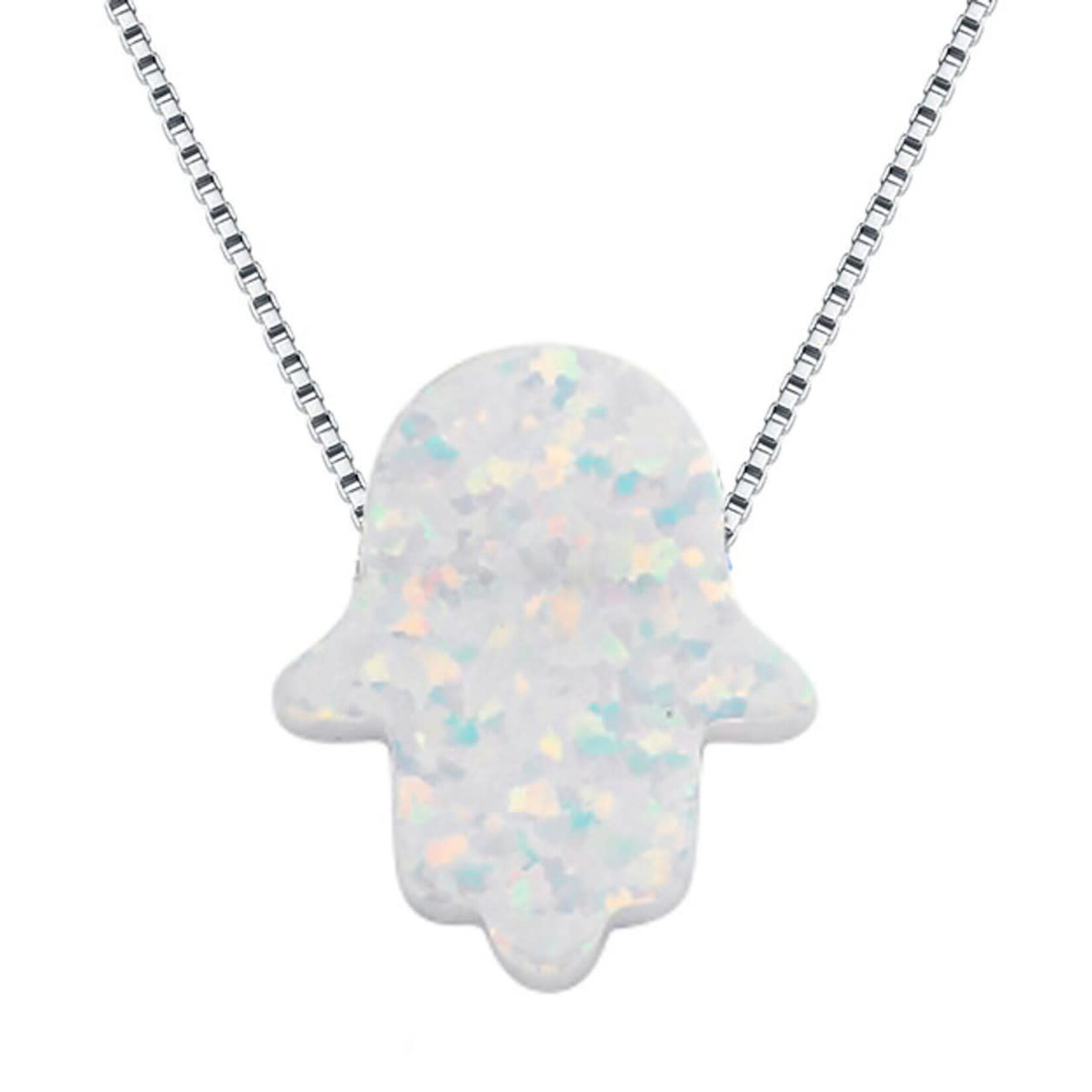 White Opal Hamsa Necklace with Sterling Silver Chain