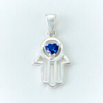 Hamsa Pendant, Sterling Silver with Blue Heart Crystal