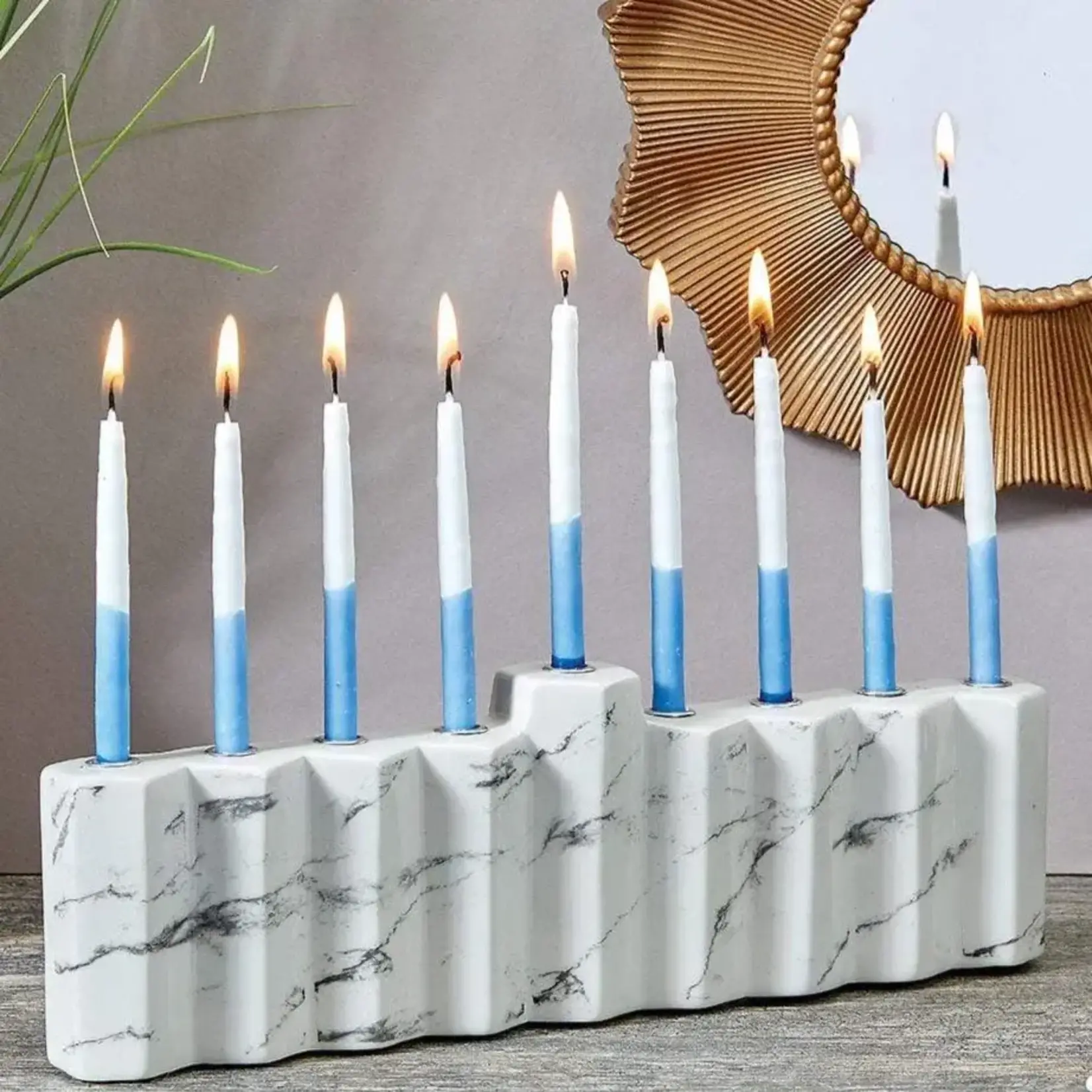 "Hexagons" Hand Painted Ceramic Menorah, White Marble