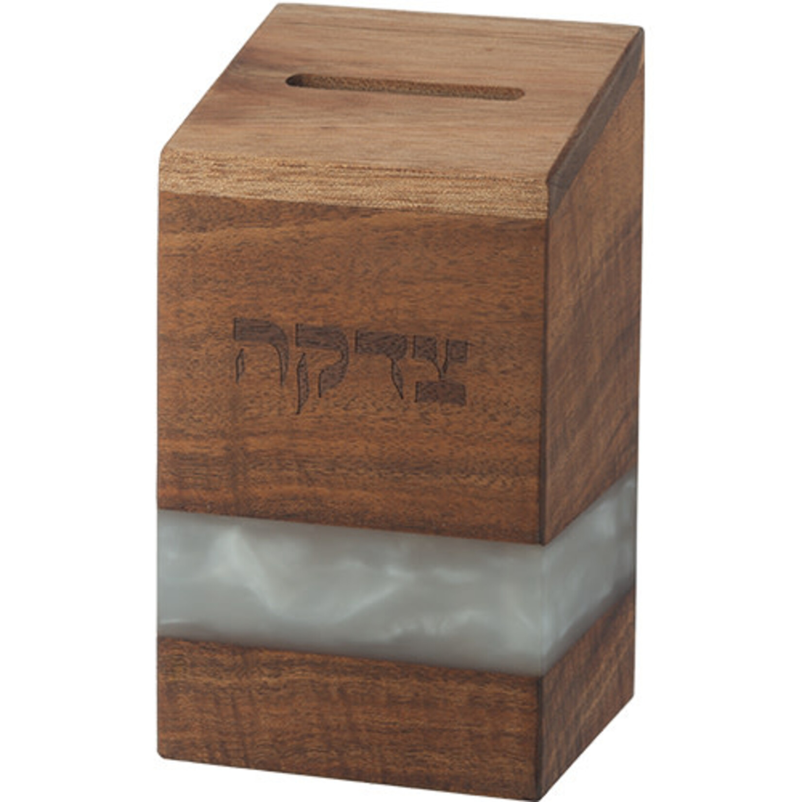 Wood Tzedakah Box with White Epoxy (14 cm)