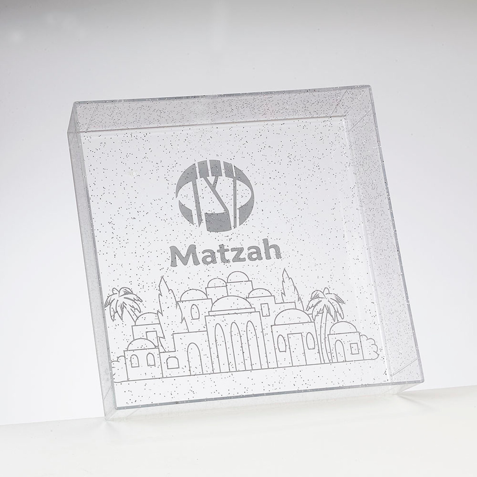 Matzah Tray, Clear with Glitter, 8-inch Square