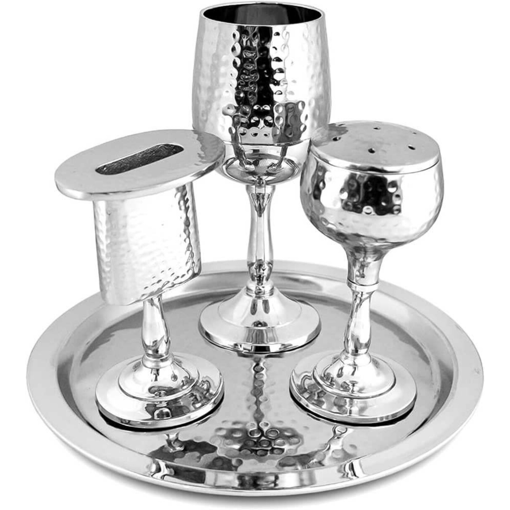 4 Piece Stainless Steel Havdallah Set with Hammered Shiny Finish
