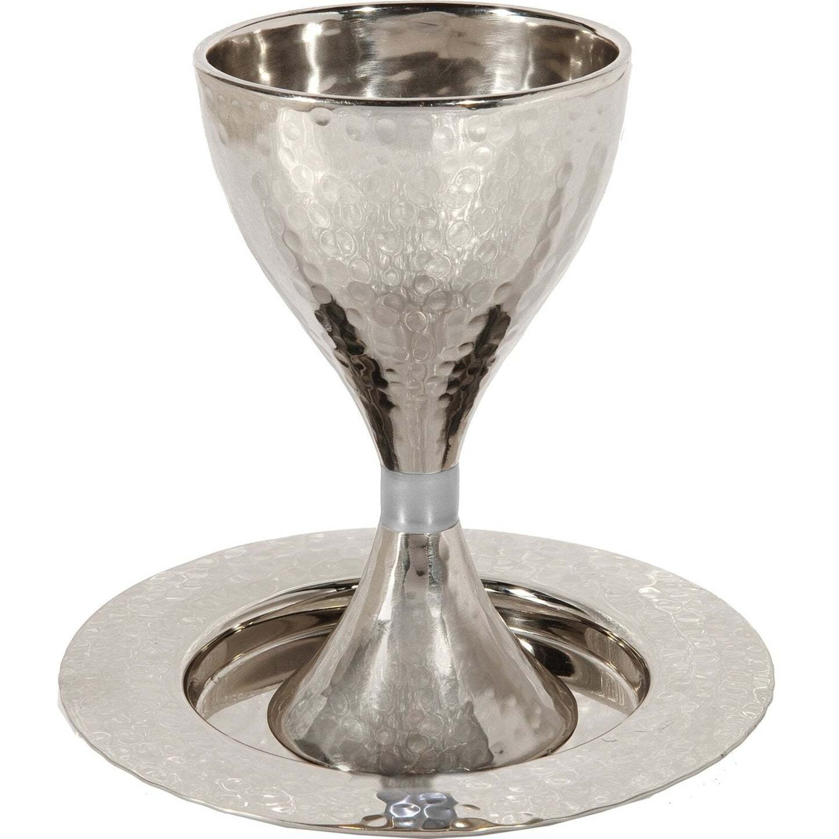 Emanuel Hammered Modern Kiddush Cup and Plate with Silver Ring