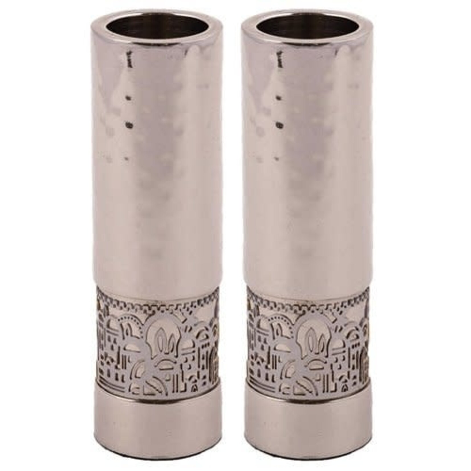 Emanuel Candlesticks with Metal Cutout Jerusalem - Hammerwork and Silver