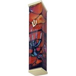 Aluminum Mezuzah Case, 8cm, Chagall Windows, Red with Gold Tips