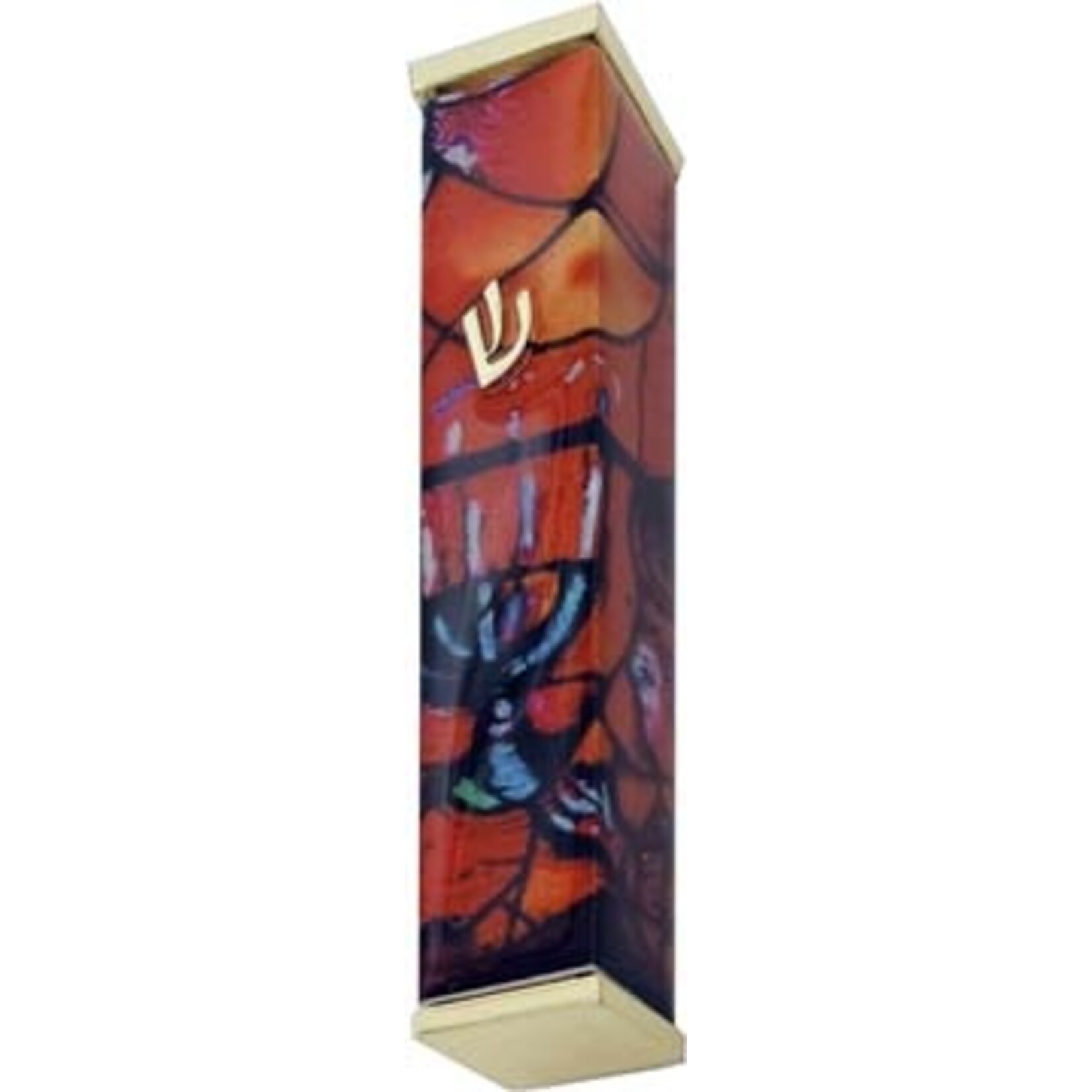 Aluminum Mezuzah Case, 8cm, Chagall Windows, Red with Gold Tips