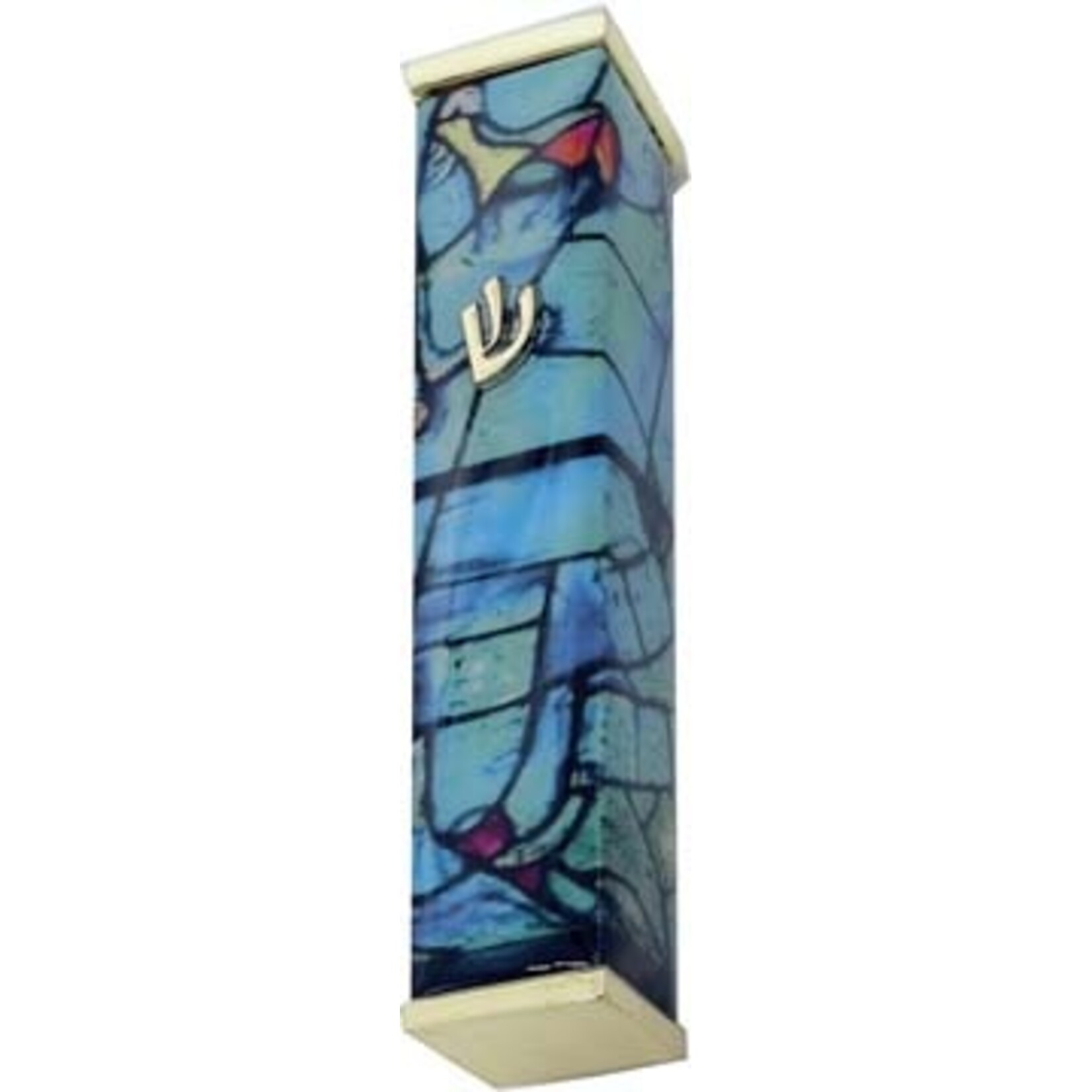 Aluminum Mezuzah Case, 8cm, Chagall Windows, Turquoise with Gold Tips