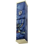 Aluminum Mezuzah Case, 8cm, Chagall Windows, Blue with Gold Tips
