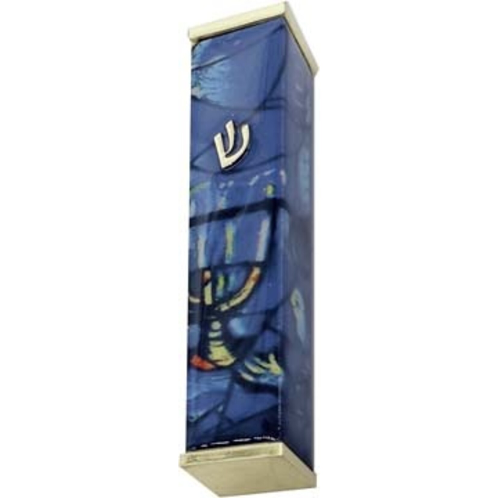 Aluminum Mezuzah Case, 8cm, Chagall Windows, Blue with Gold Tips