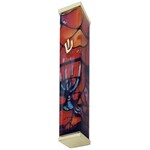 Aluminum Mezuzah Case, 10cm, Chagall Windows, Red with Gold Tips