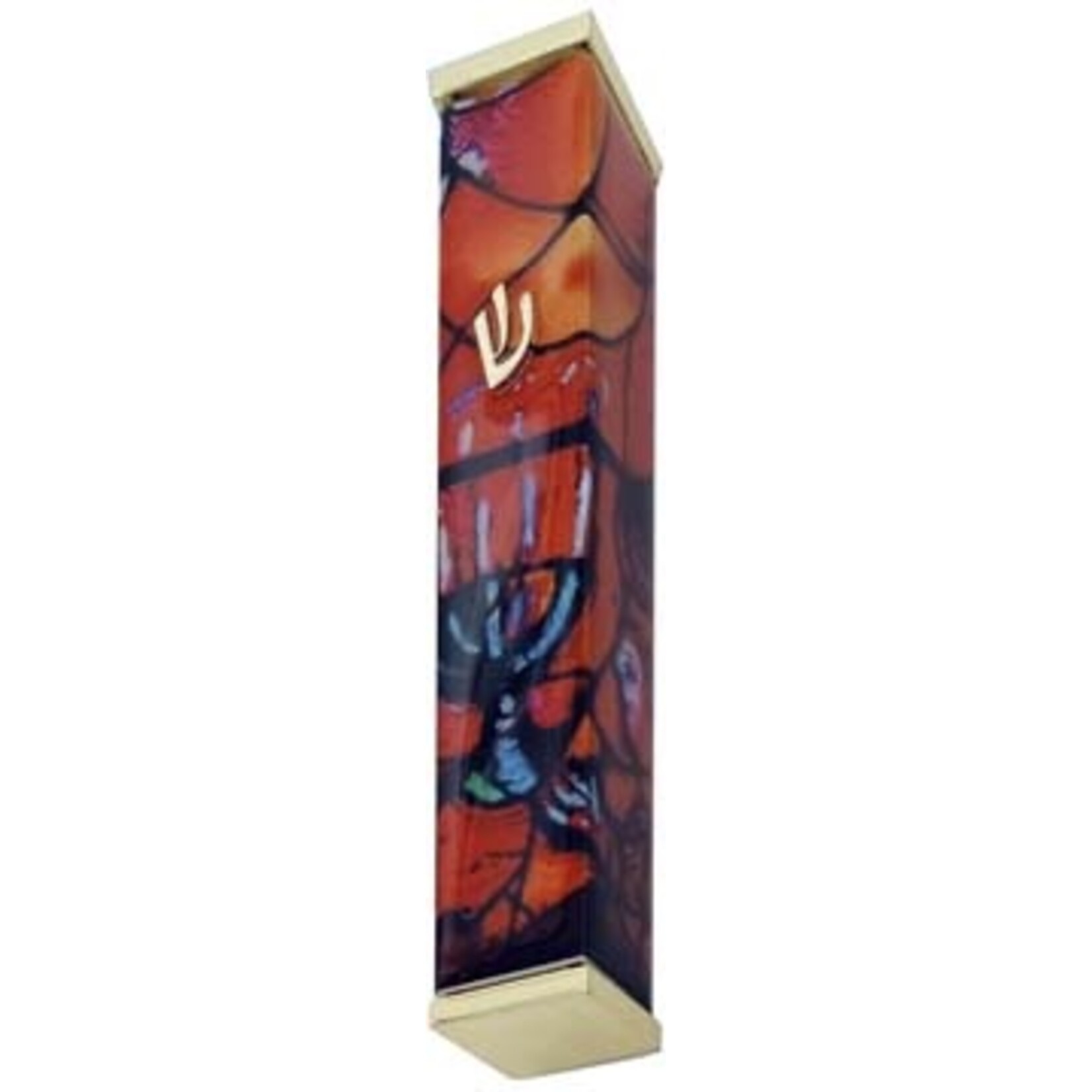 Aluminum Mezuzah Case, 10cm, Chagall Windows, Red with Gold Tips