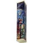 Aluminum Mezuzah Case, 10cm, Chagall Windows, Multicolour with Gold Tips