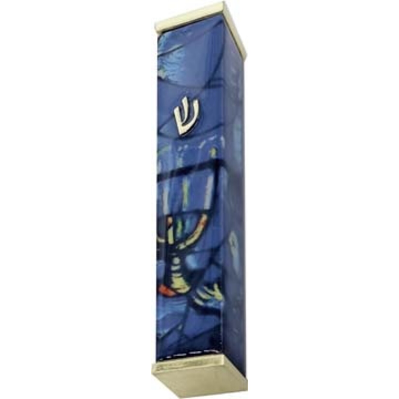 Aluminum Mezuzah Case, 10cm, Chagall Windows, Blue with Gold Tips