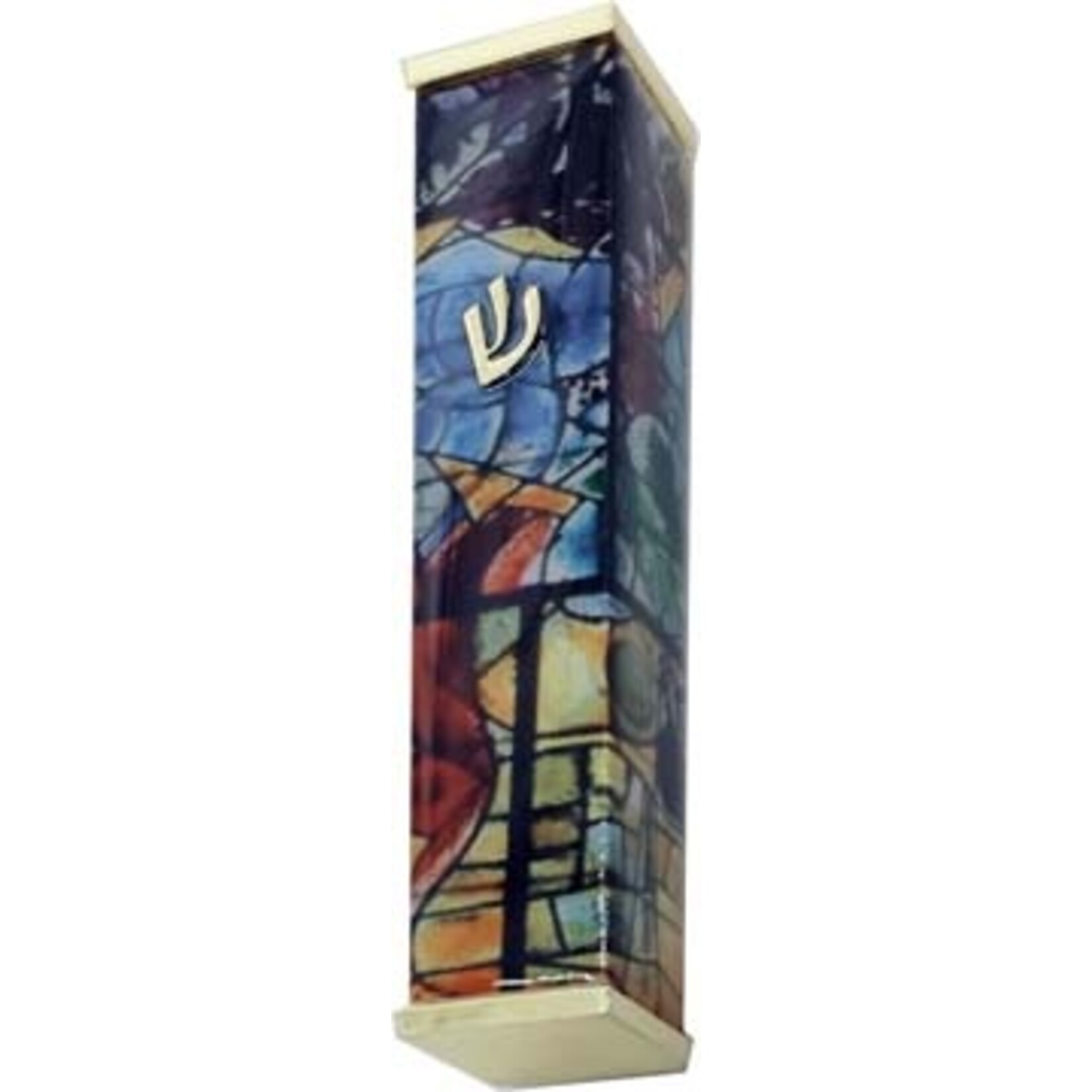 Aluminum Mezuzah Case, 8cm, Chagall Windows, Multicolour with Gold Tips