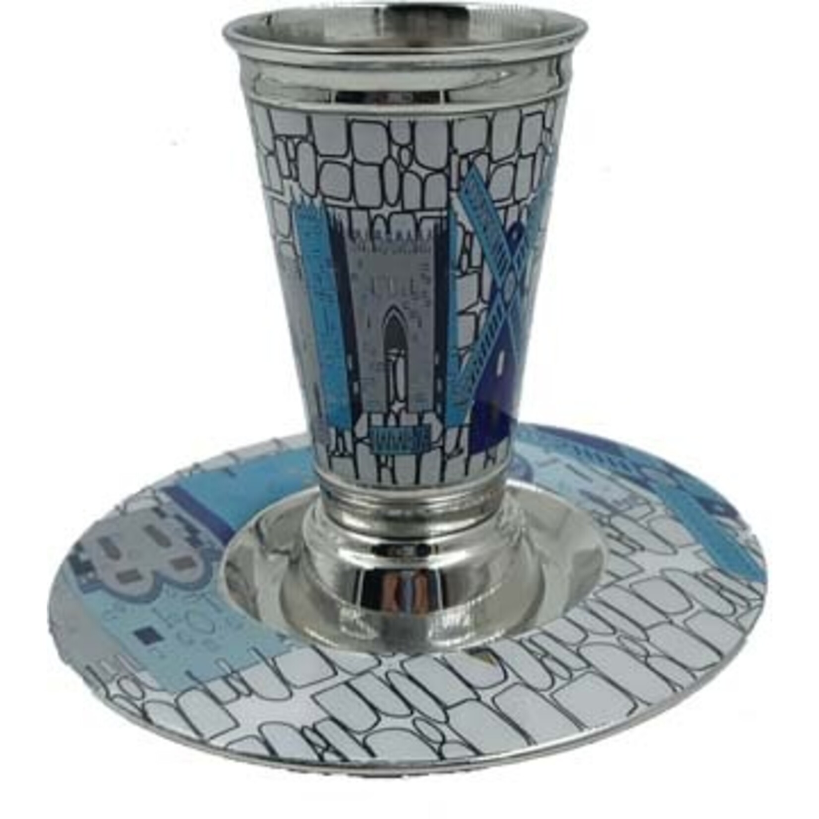 Stemless Steel Kiddush Cup with Tray, Jerusalem Windmills Design