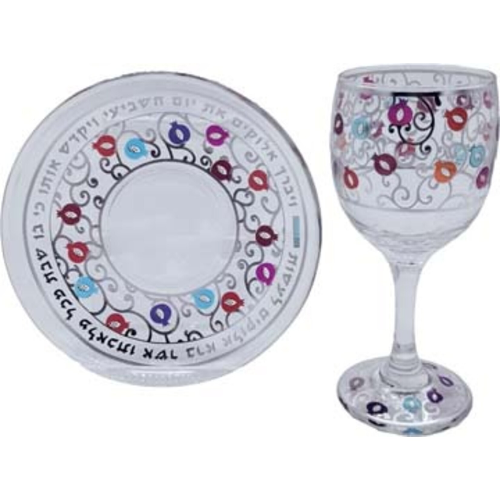 Glass Stemmed Hand-Decorated Kiddush Cup with Tray