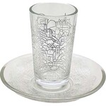 Glass Stemless Kiddush Cup with Tray, Jerusalem Design in Silver