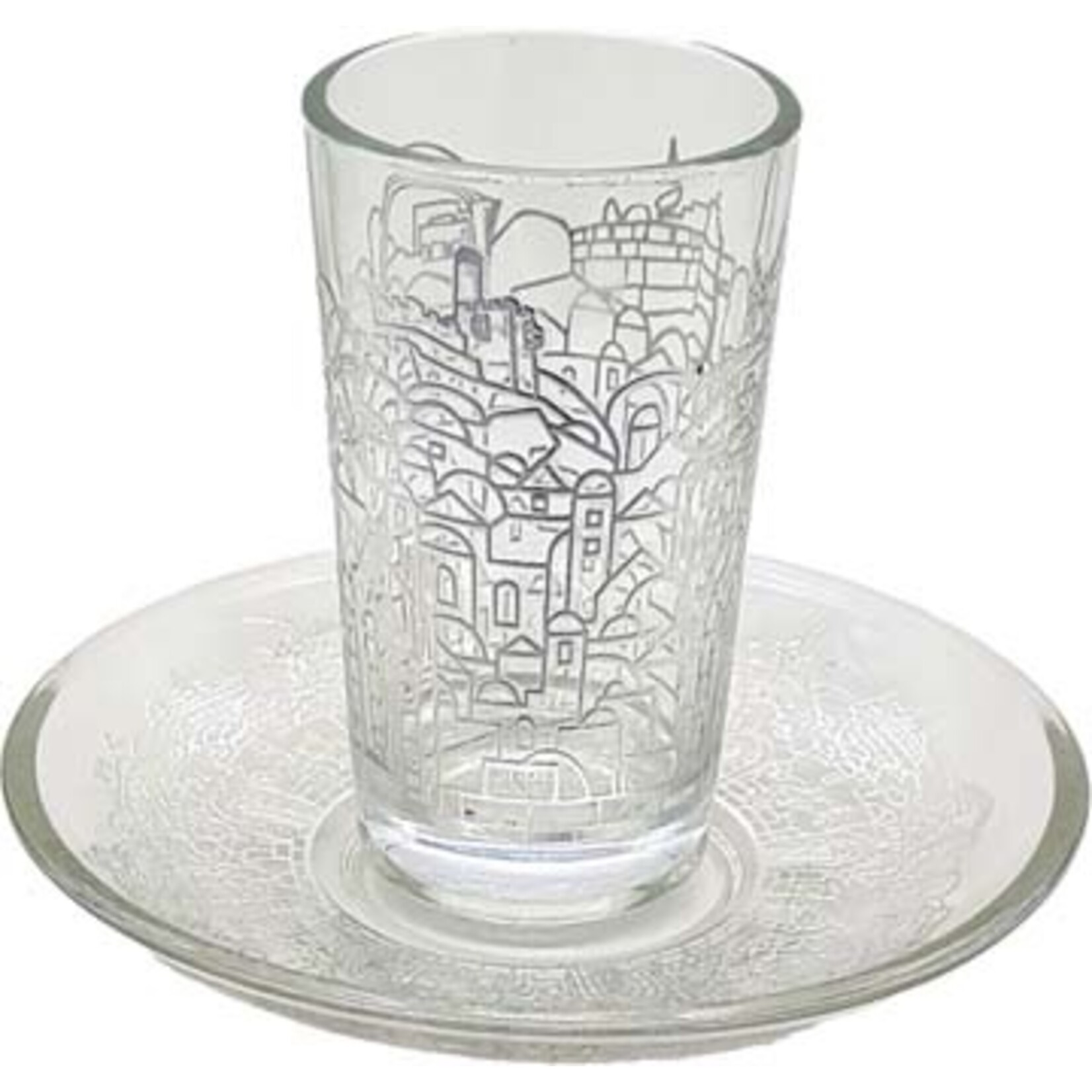 Glass Stemless Kiddush Cup with Tray, Jerusalem Design in Silver
