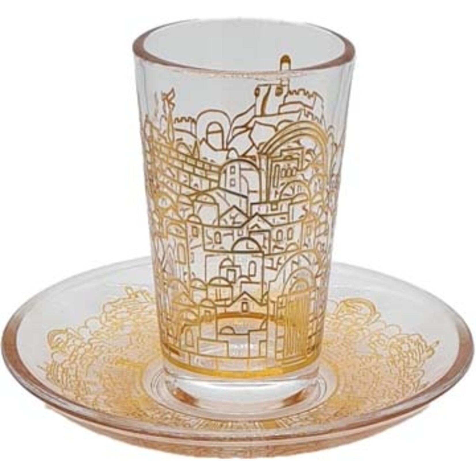 Glass Stemless Kiddush Cup with Tray, Jerusalem Design in Gold