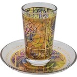 Glass Stemless Kiddush Cup with Tray, Chagall Windows Design, Yellow