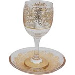 Glass Stemmed Kiddush Cup with Tray, Jerusalem Design in Gold