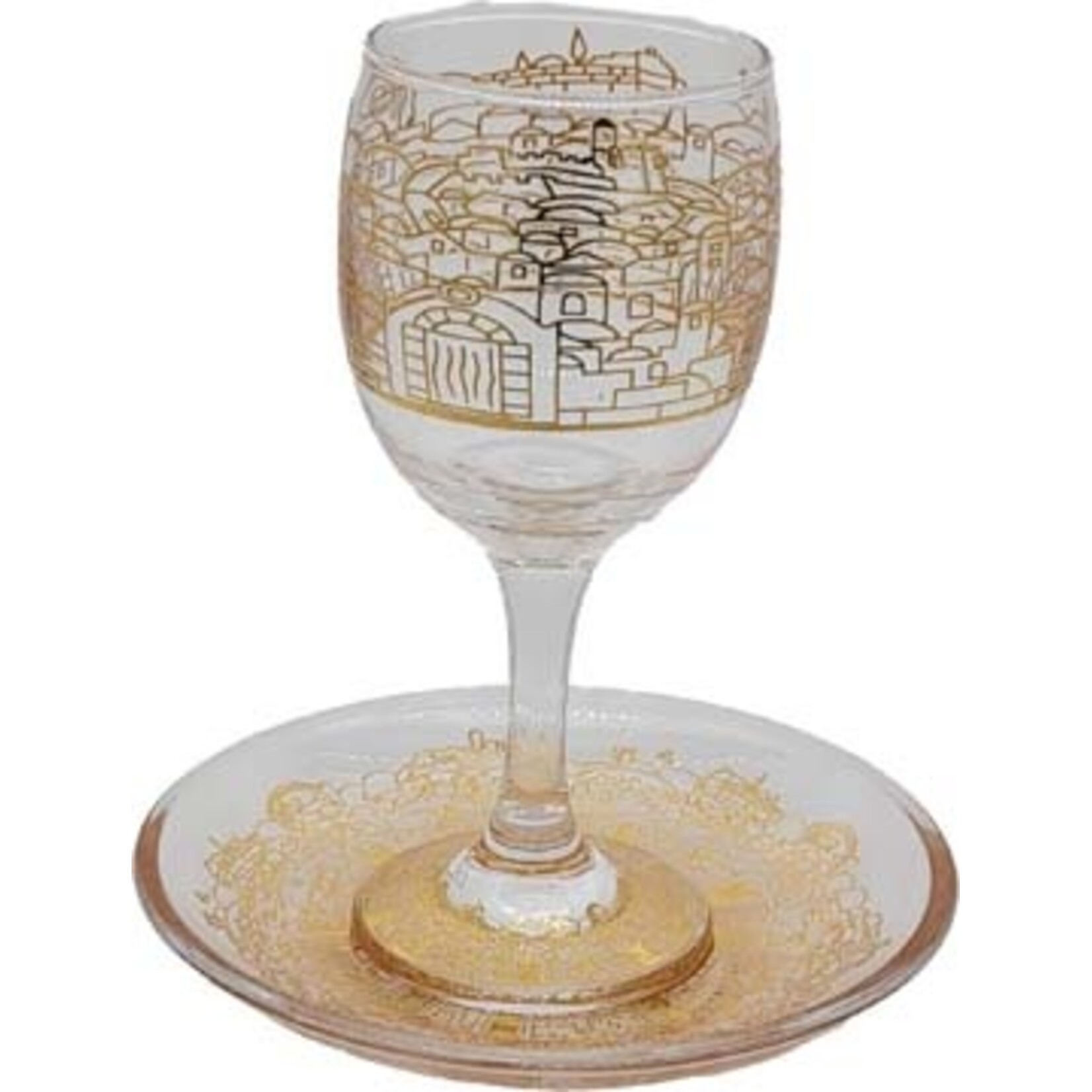 Glass Stemmed Kiddush Cup with Tray, Jerusalem Design in Gold
