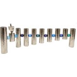 Menorah, Hammered Aluminum with Blue Shades Sphere Decoration