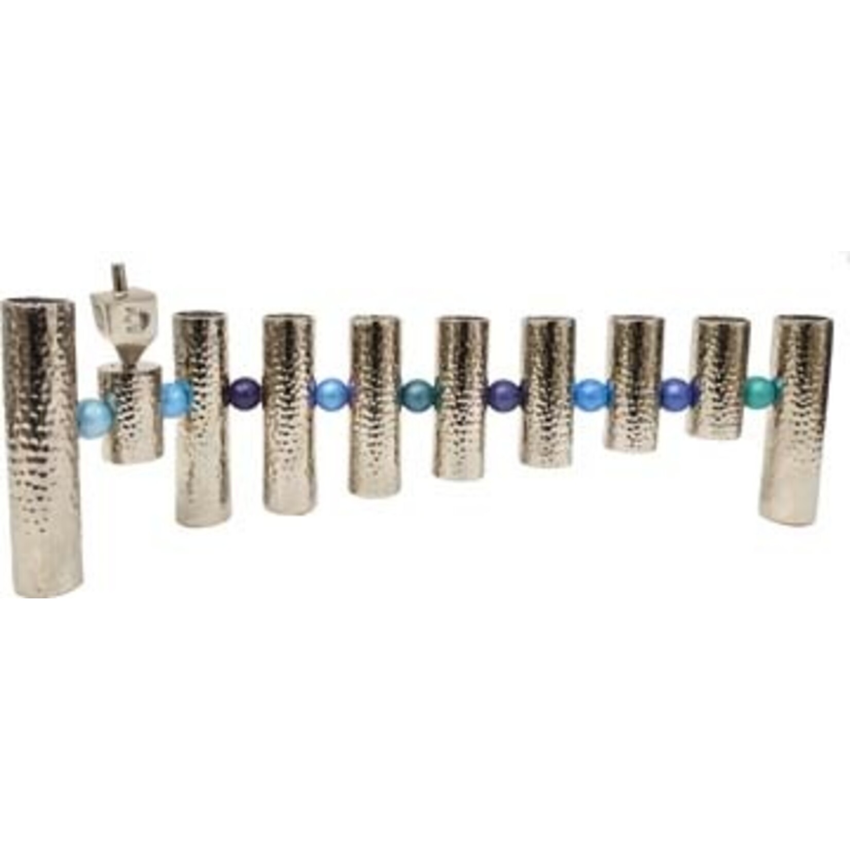 Menorah, Hammered Aluminum with Blue Shades Sphere Decoration